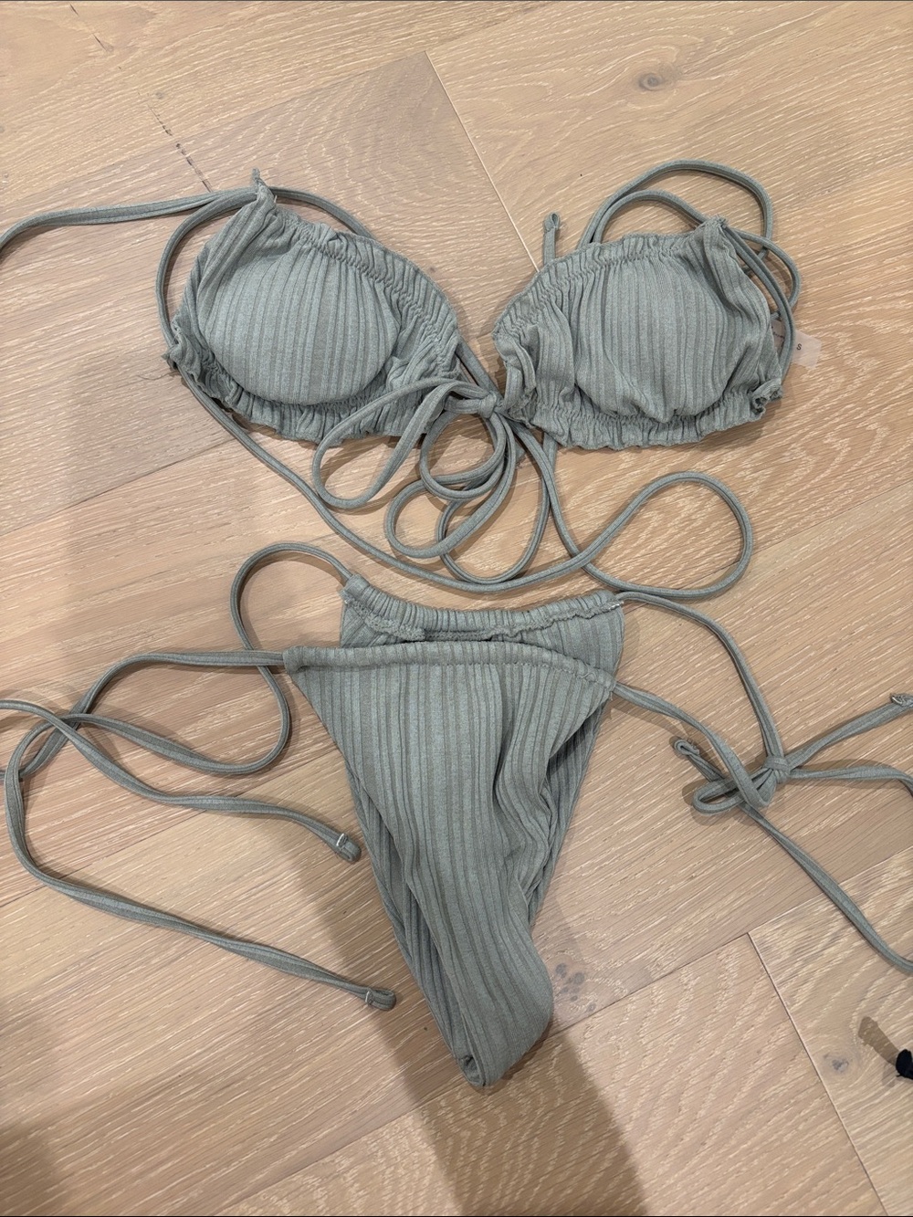 Ribbed Sage Green Tie-String Bikini Set